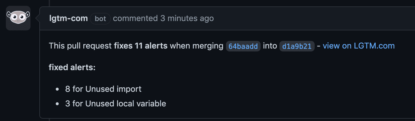 The nice comment left by LGTM when merging a PR that fixes alerts.