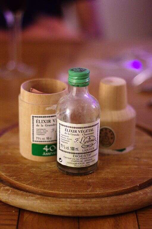 Elixir Vegetal, the herbal remedy still marketed as a cure-all tonic. I have a bottle as a novelty. They’re kept in a wooden outer bottle to prevent sunlight from making the liquid lose its color.
