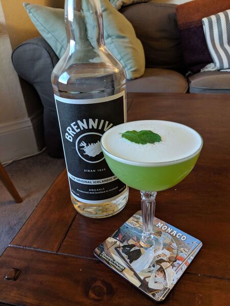 “The Mendel,” my name for this cocktail whose central flavor is snap peas and mint.
